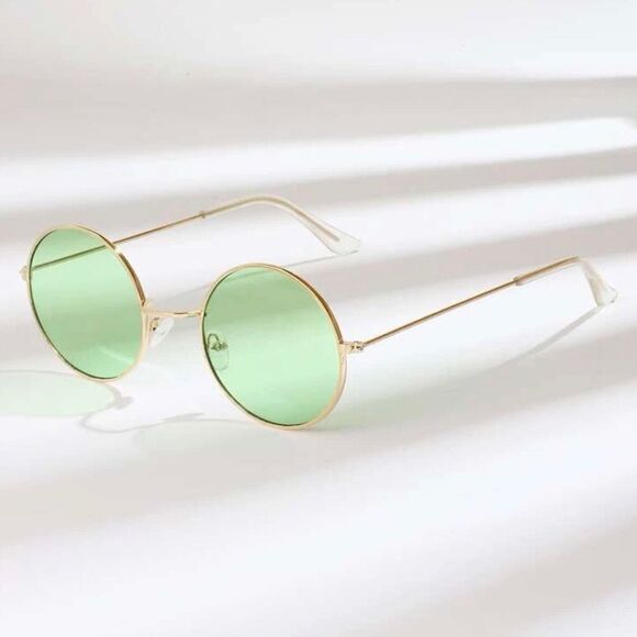 🆕Green Tinted Round Lens Gold Frame Sunglasses - Picture 2 of 5